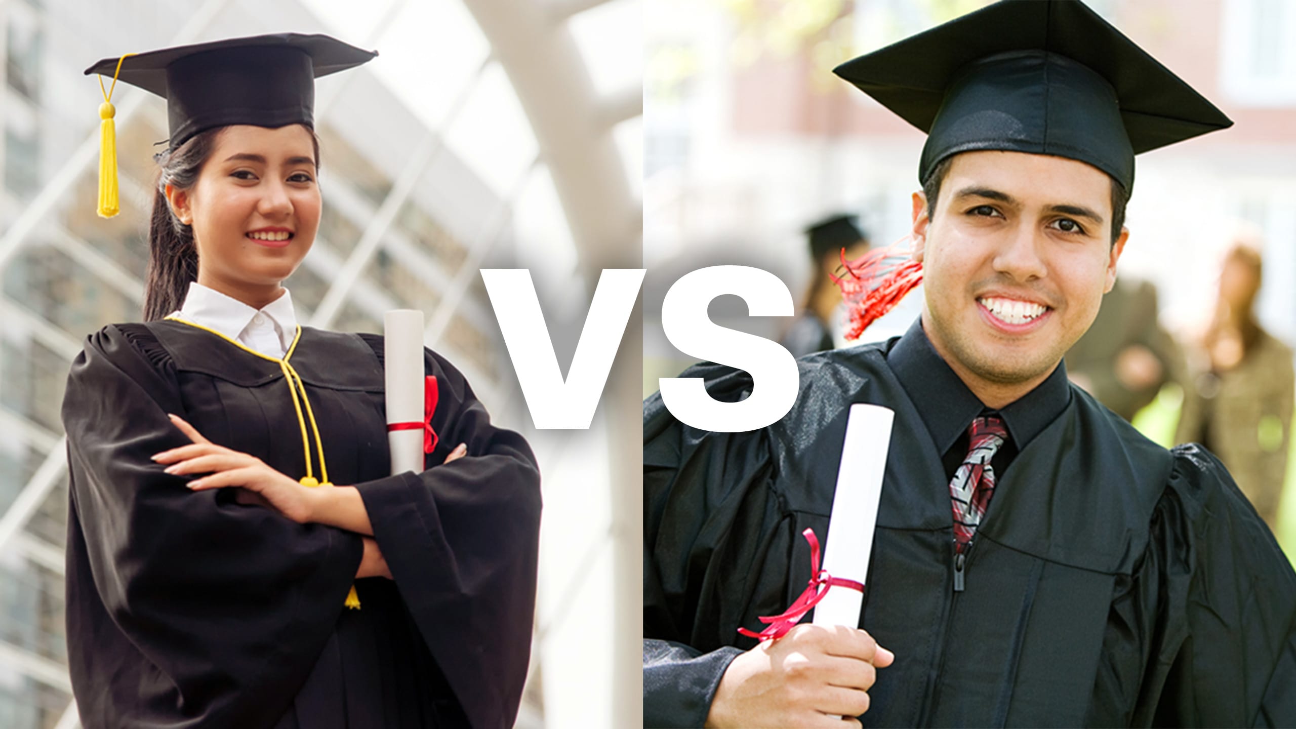 On the left is a female standing with her arms crossed dressed in a graduation cap and gown. On the right is a male holding up his diploma dressed in a graduation cap and gown.