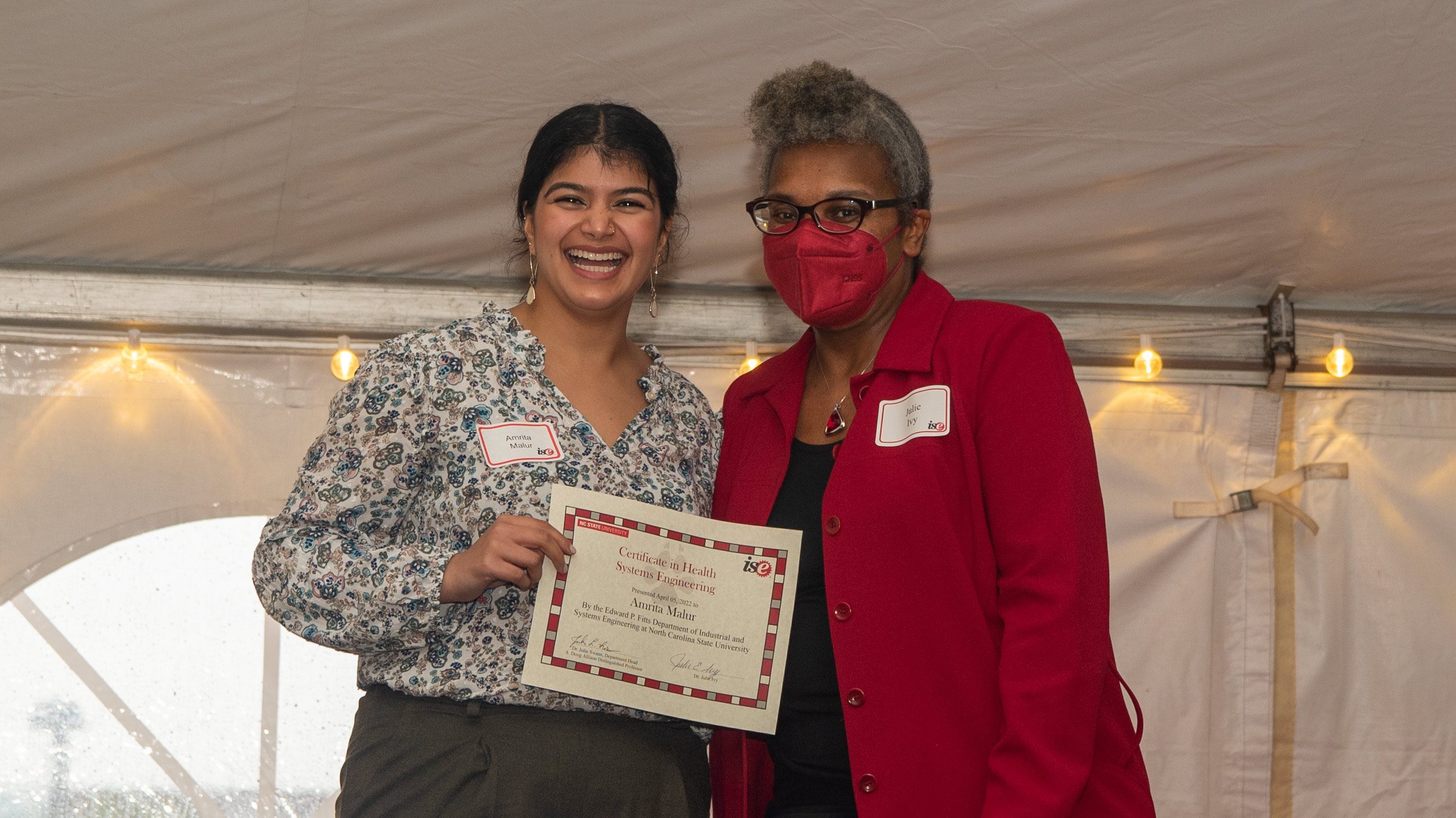 Amrita Malur receiving her Healthcare Systems Engineering Certificate at the 2022 C.A. Anderson Awards
