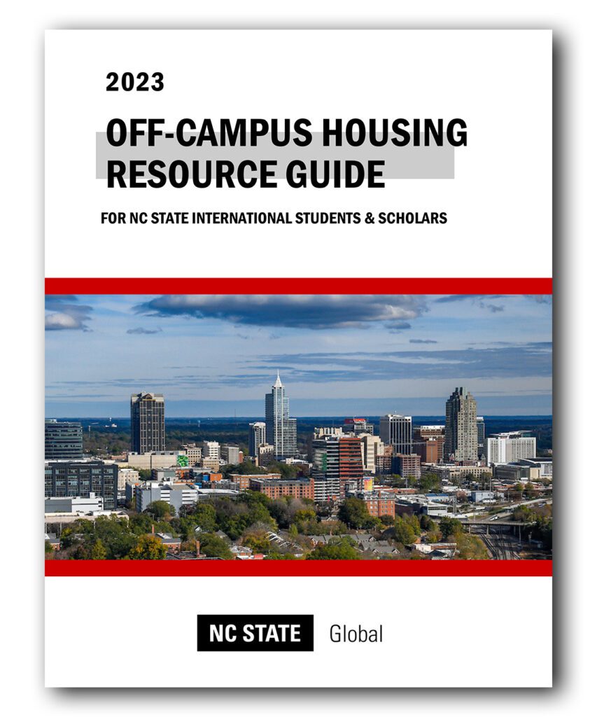 The cover of the Off-Campus Housing Resource Guide that features a photo of downtown Raleigh, NC.
