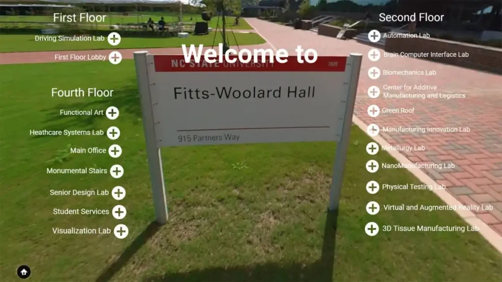 The Fitts-Woolard Hall building sign surrounded by links to all of the specialty areas within the building. Take a virtual tour of Fitts-Woolard Hall.