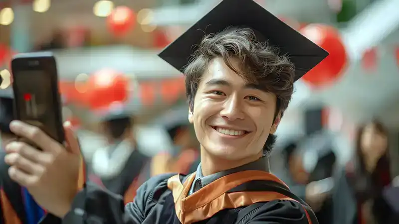 A man taking a selfie after receiving his MBA degree from NC State University.