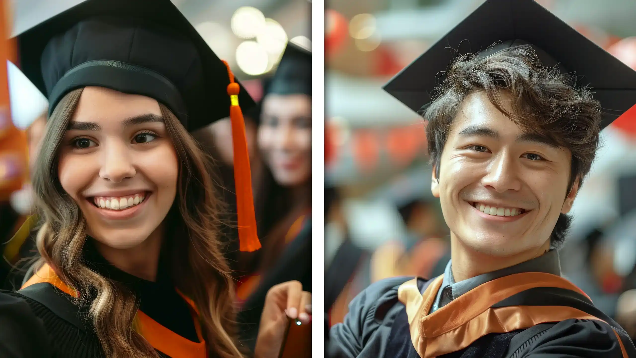 On the left is a woman taking a selfie after receiving her MEM degree from NC State University.. On the right is a man taking a selfie after receiving his MBA degree from NC State University.