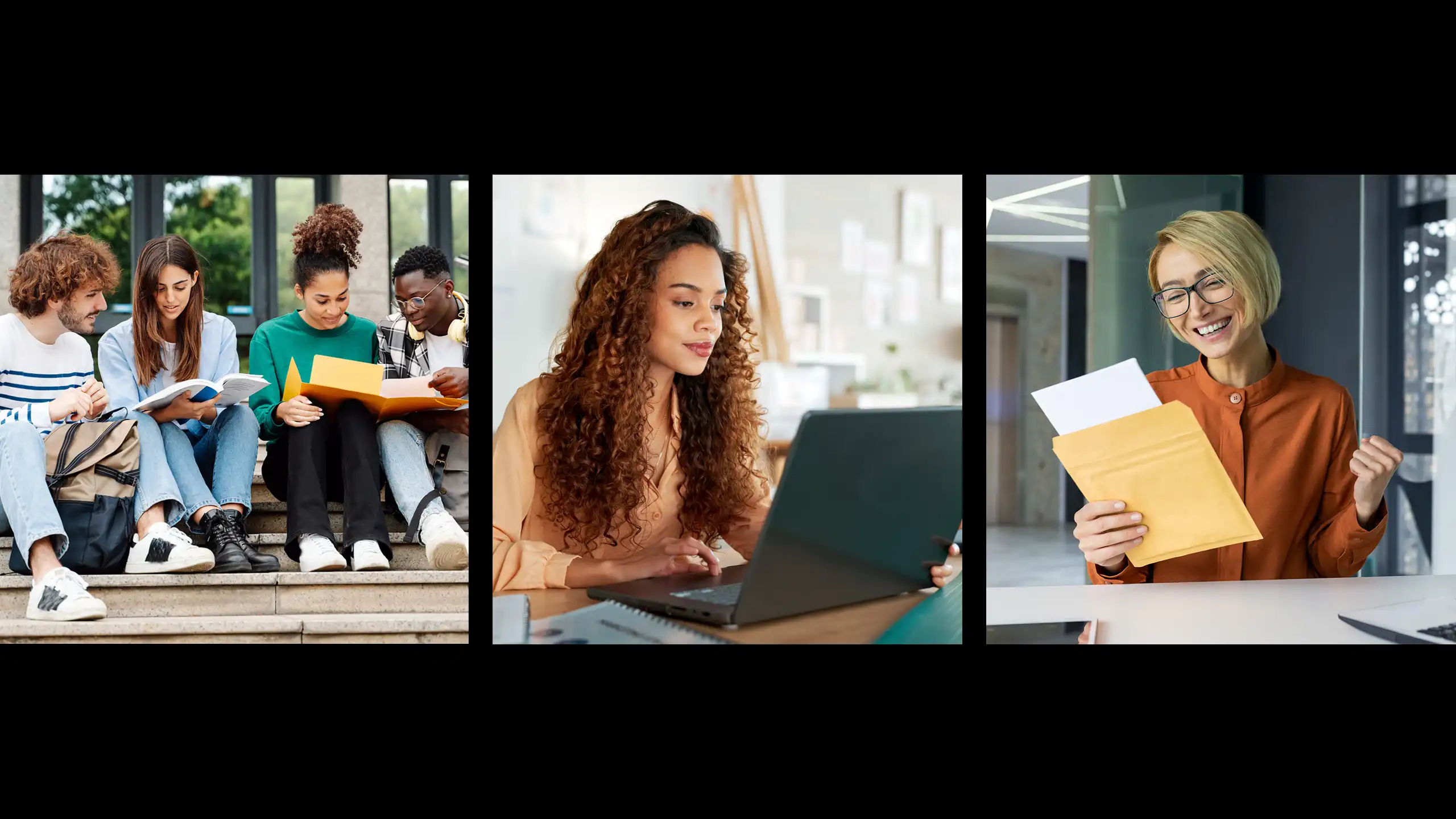 Three images of on-campus students, an online student and a certificate student all working towards getting their Master of Engineering Management degree from NC State University.