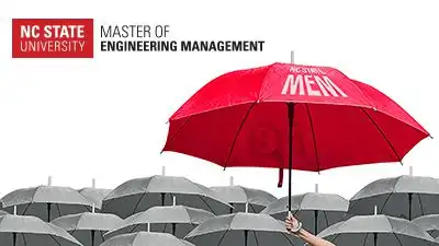 A large red umbrella with being held open over a sea of smaller gray umbrellas with the NC State MEM logo in the upper left corner