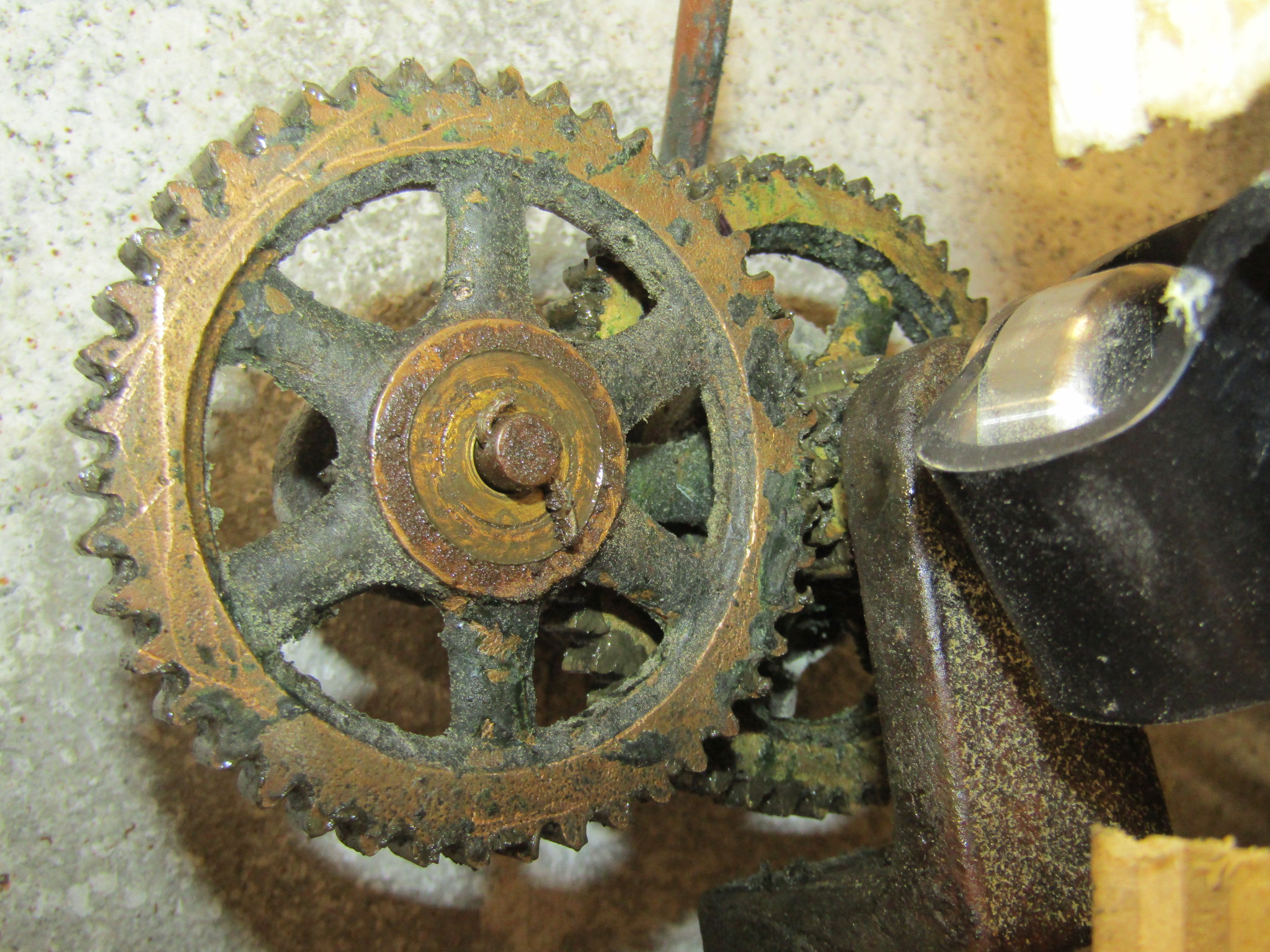Bell tower North facing gear system. This is what makes the hands of the clock move.