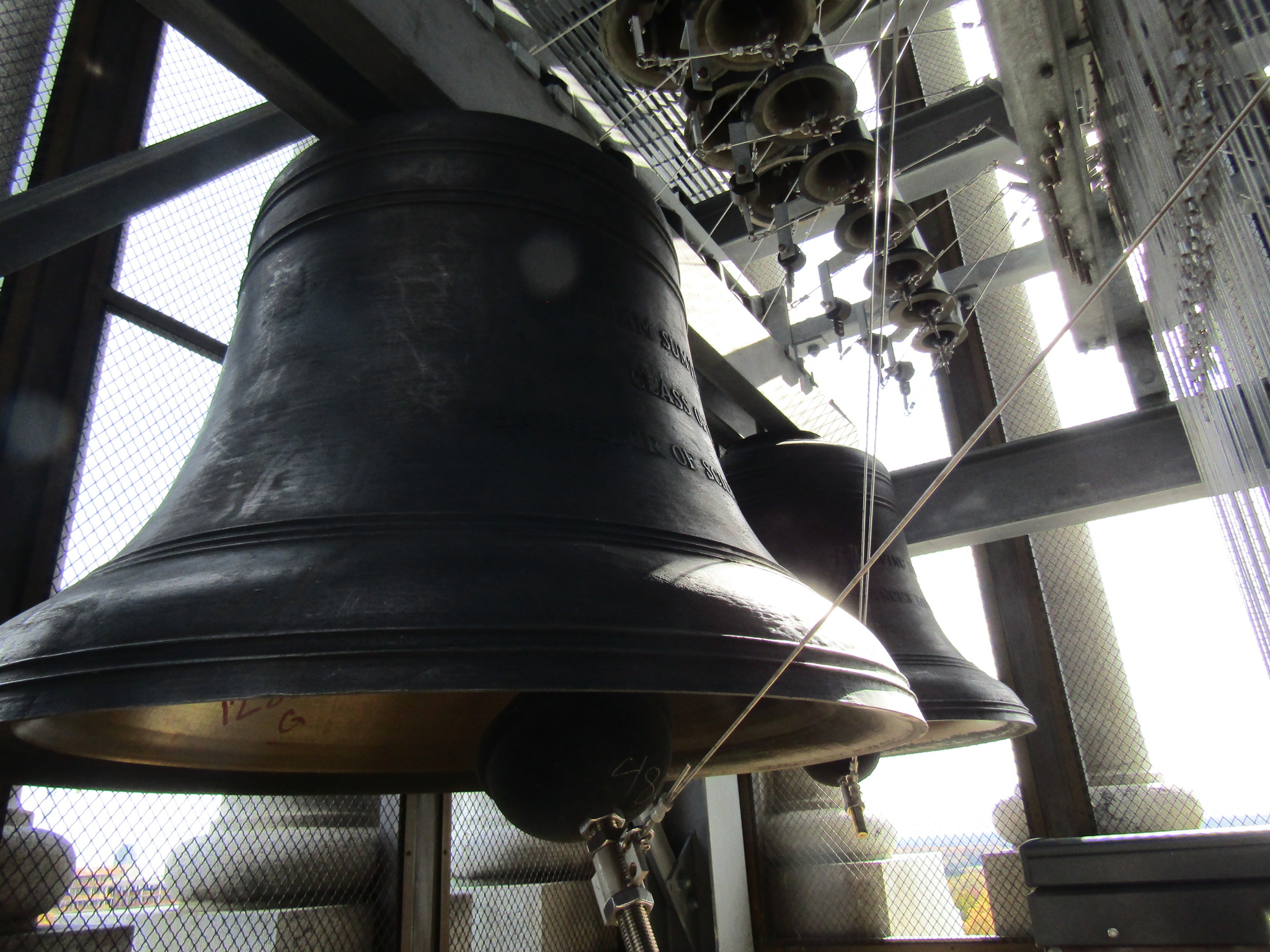 Bells inside the bell tower, above the clock face gear systems.