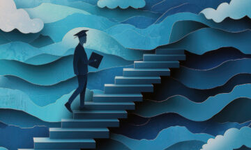 A college grad walking up a flight of stairs that is amongst the clouds