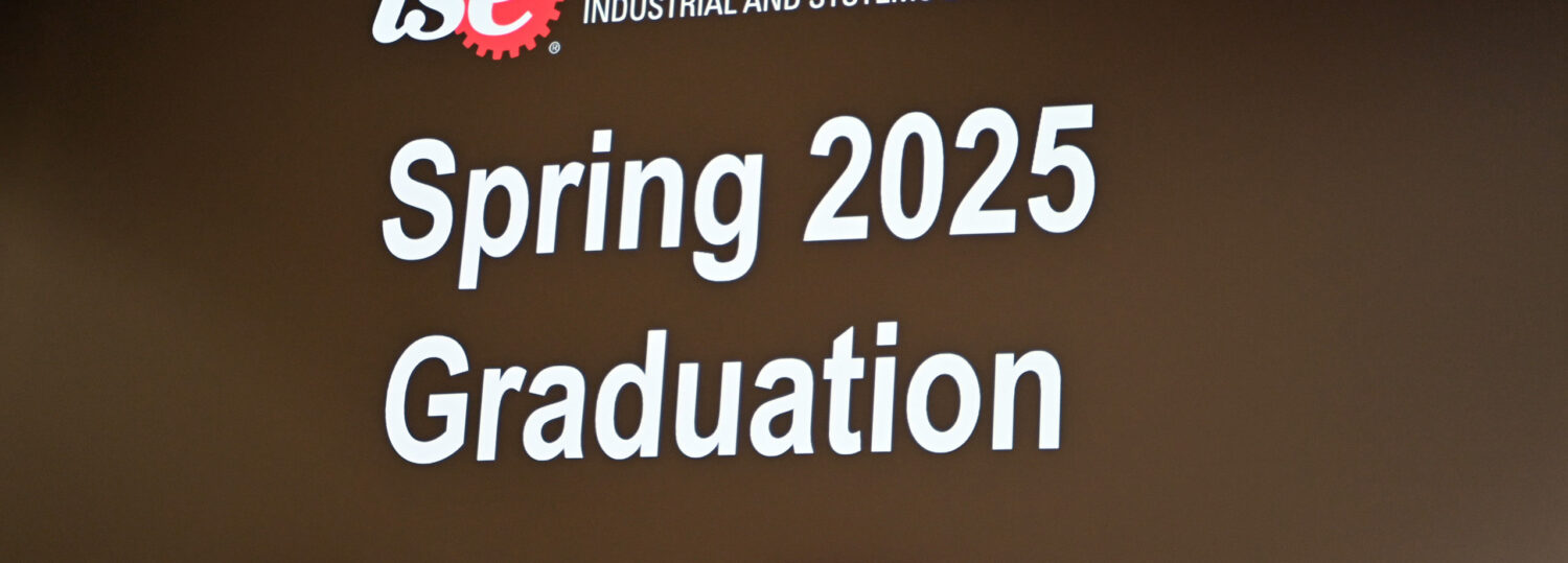 A welcome message to the MEM Spring 2025 Graduation Ceremony shown on a giant screen