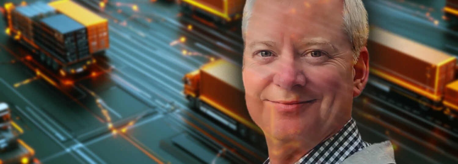 a headshot of Ken Gregory in front of a network of cargo trucks.
