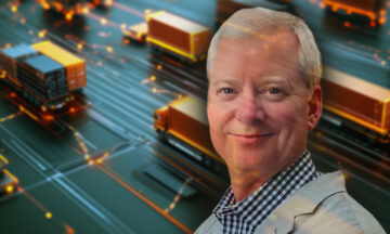 a headshot of Ken Gregory in front of a network of cargo trucks.